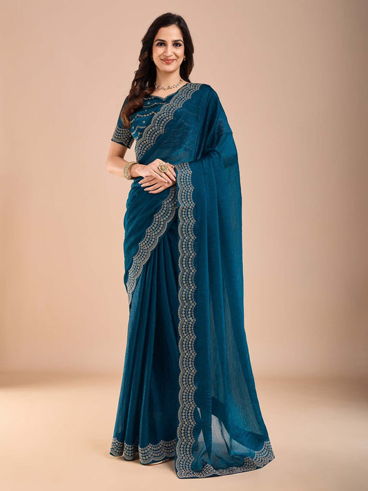 Blue Teal Party Wear Tissue Embellished Saree