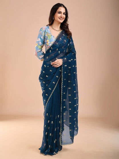Blue Party Wear Tissue Embellished Saree