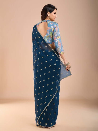 Blue Party Wear Tissue Embellished Saree