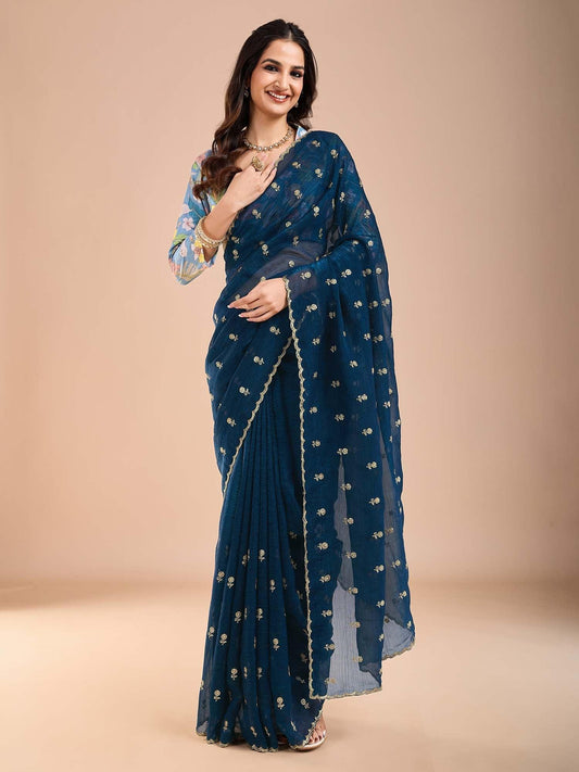 Blue Blue Party Wear Tissue Embellished Saree