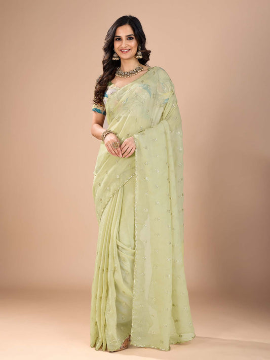Green Light Party Wear Tissue Embellished Saree