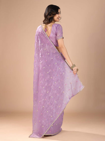 Purple Party Wear Organza Embroidered Saree