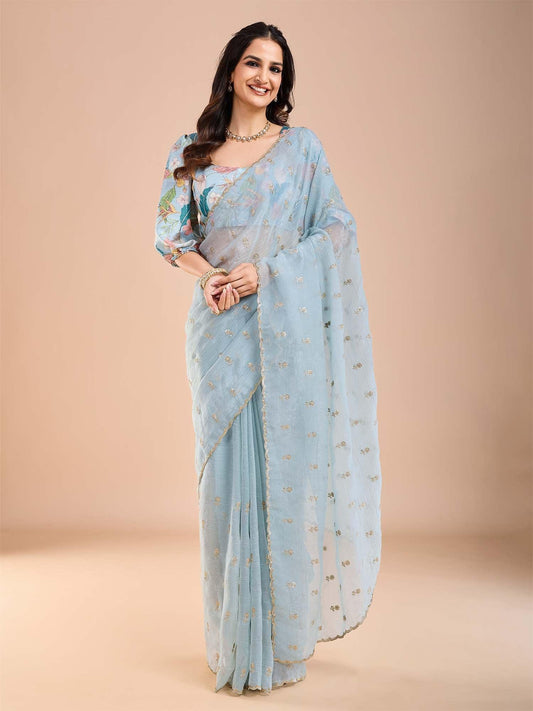 Blue Light Party Wear Tissue Embellished Saree