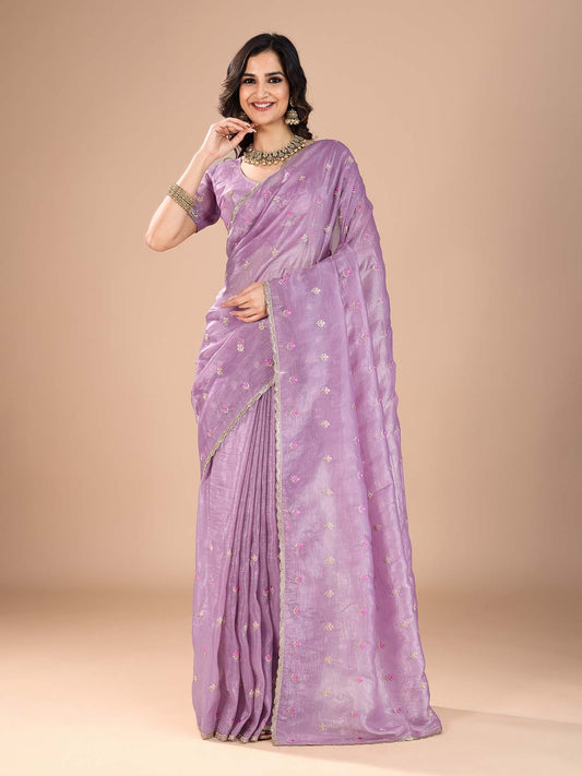 Purple Purple Party Wear Organza Embroidered Saree