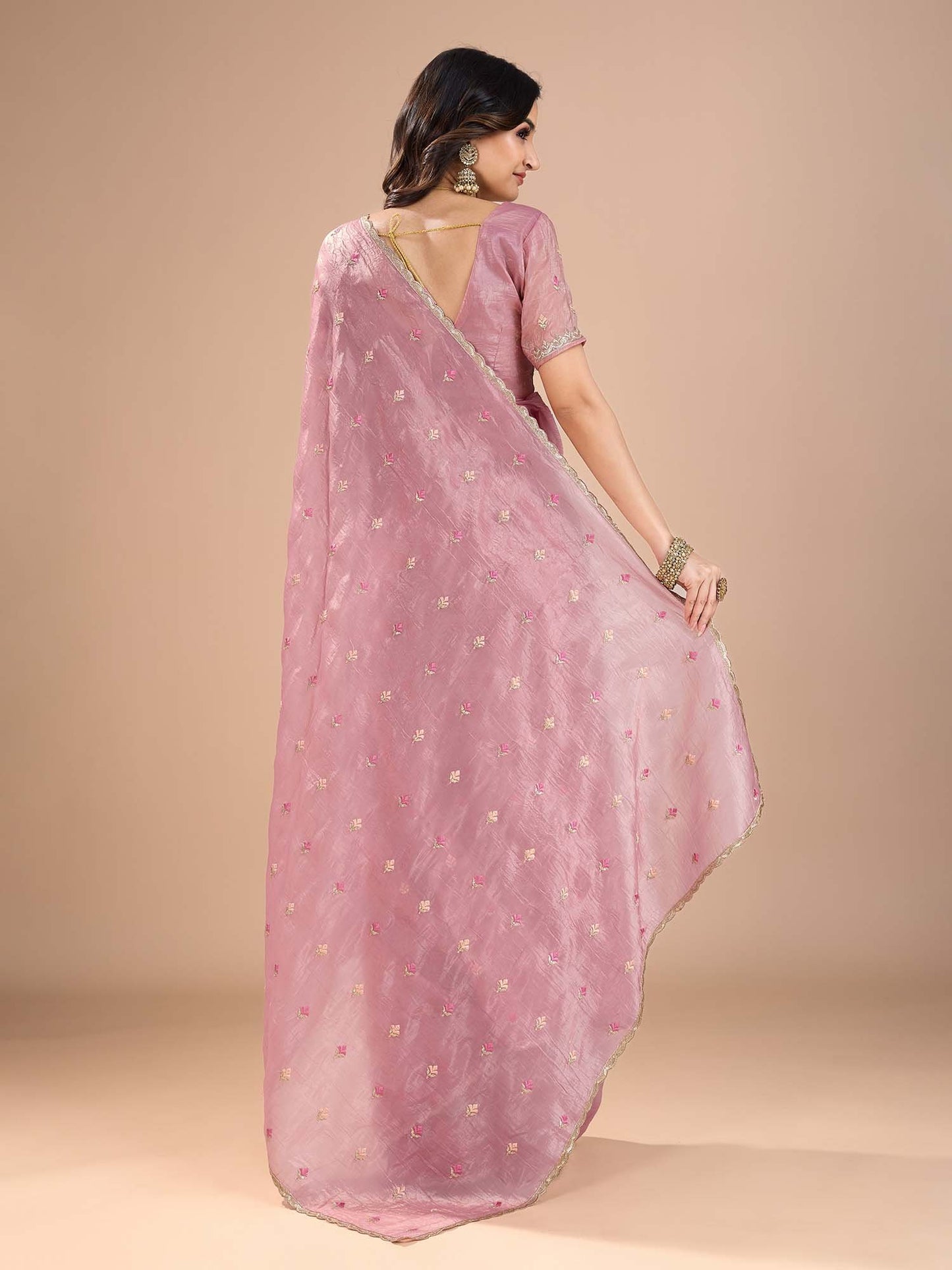 Pink Party Wear Organza Embroidered Saree