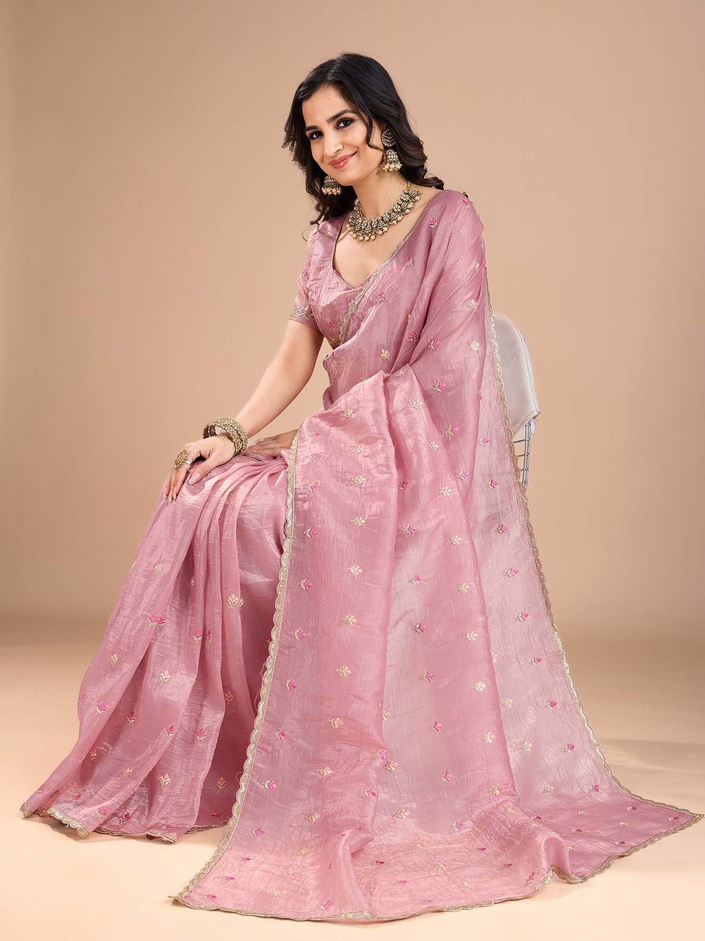 Pink Party Wear Organza Embroidered Saree
