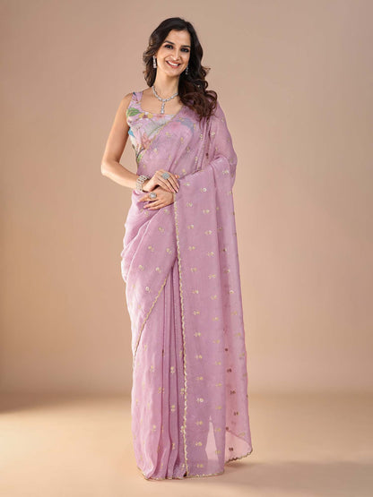 Lavender Mauve Party Wear Tissue Embellished Saree