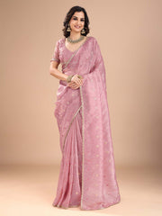 Pink Pink Party Wear Organza Embroidered Saree