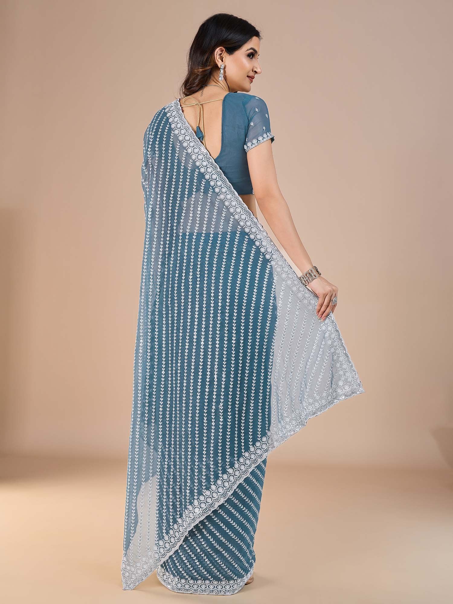 Teal Blue Party Wear Silk Blend Embroidered Saree