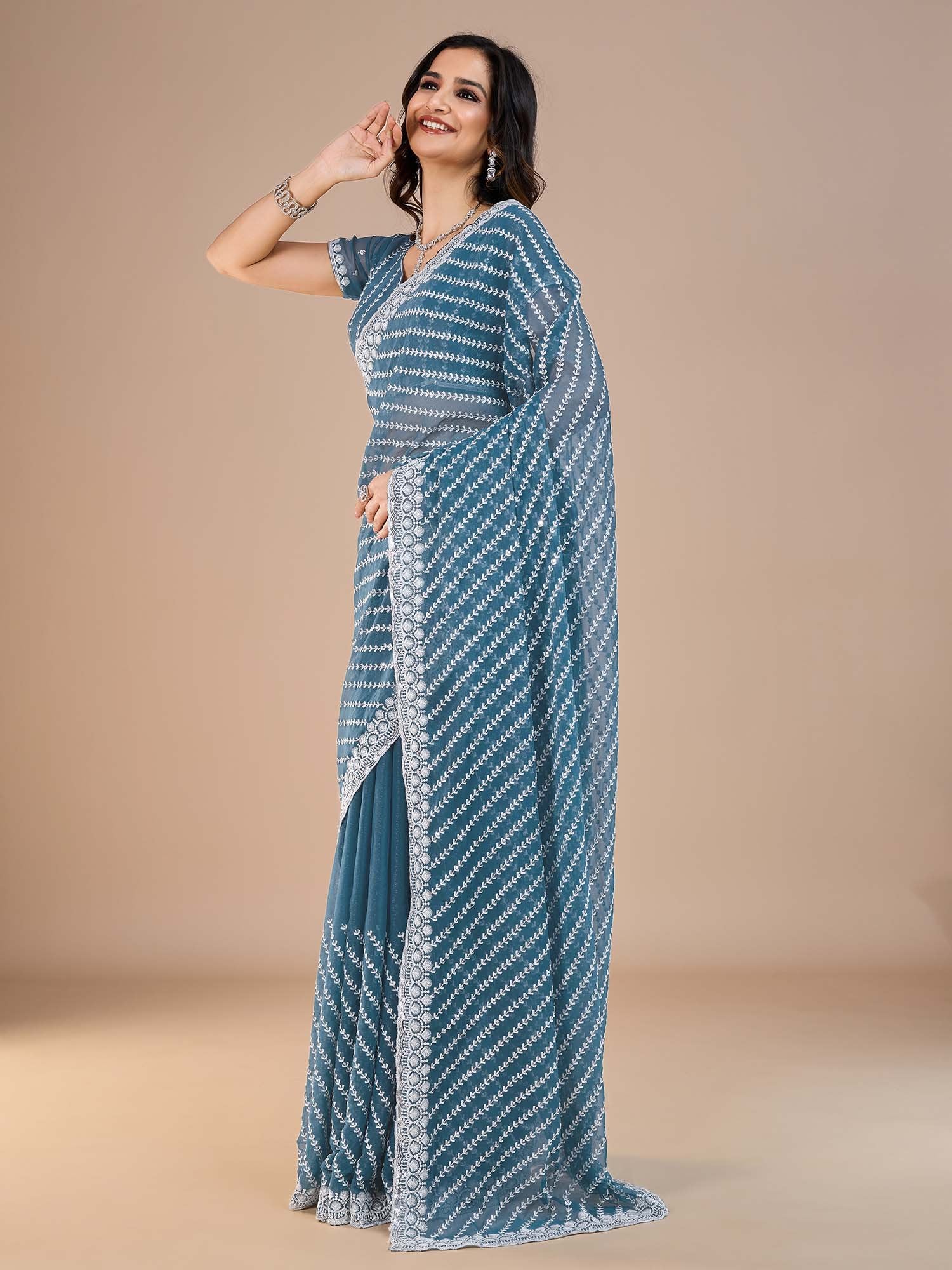 Teal Blue Party Wear Silk Blend Embroidered Saree