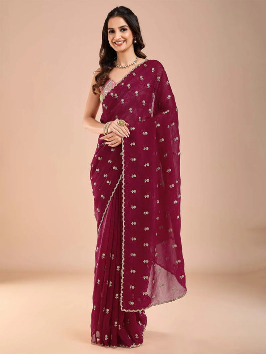 Pink Magenta Party Wear Tissue Embellished Saree