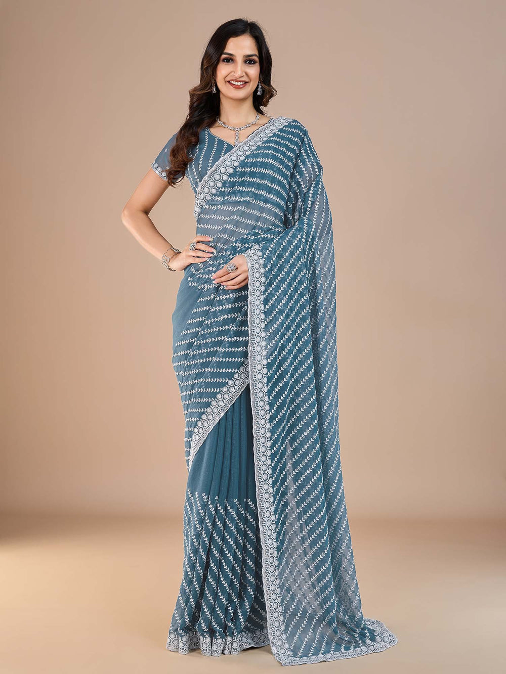 Blue Teal Party Wear Silk Blend Embroidered Saree