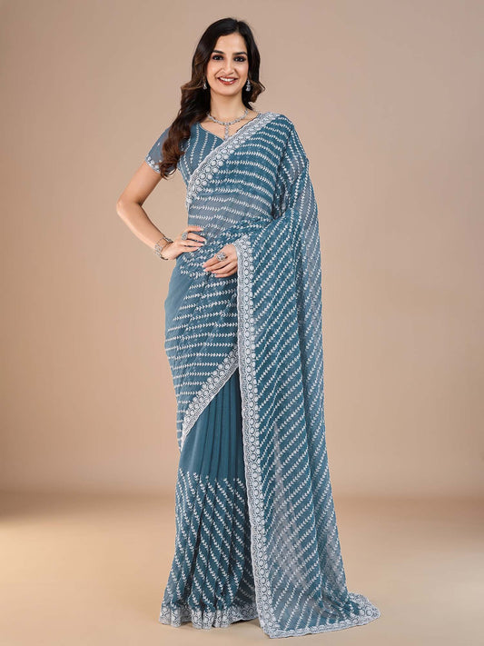 Blue Teal Party Wear Silk Blend Embroidered Saree