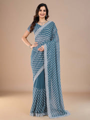 Blue Teal Party Wear Silk Blend Embroidered Saree