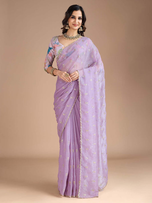 Lavender Lavendar Party Wear Tissue Embellished Saree
