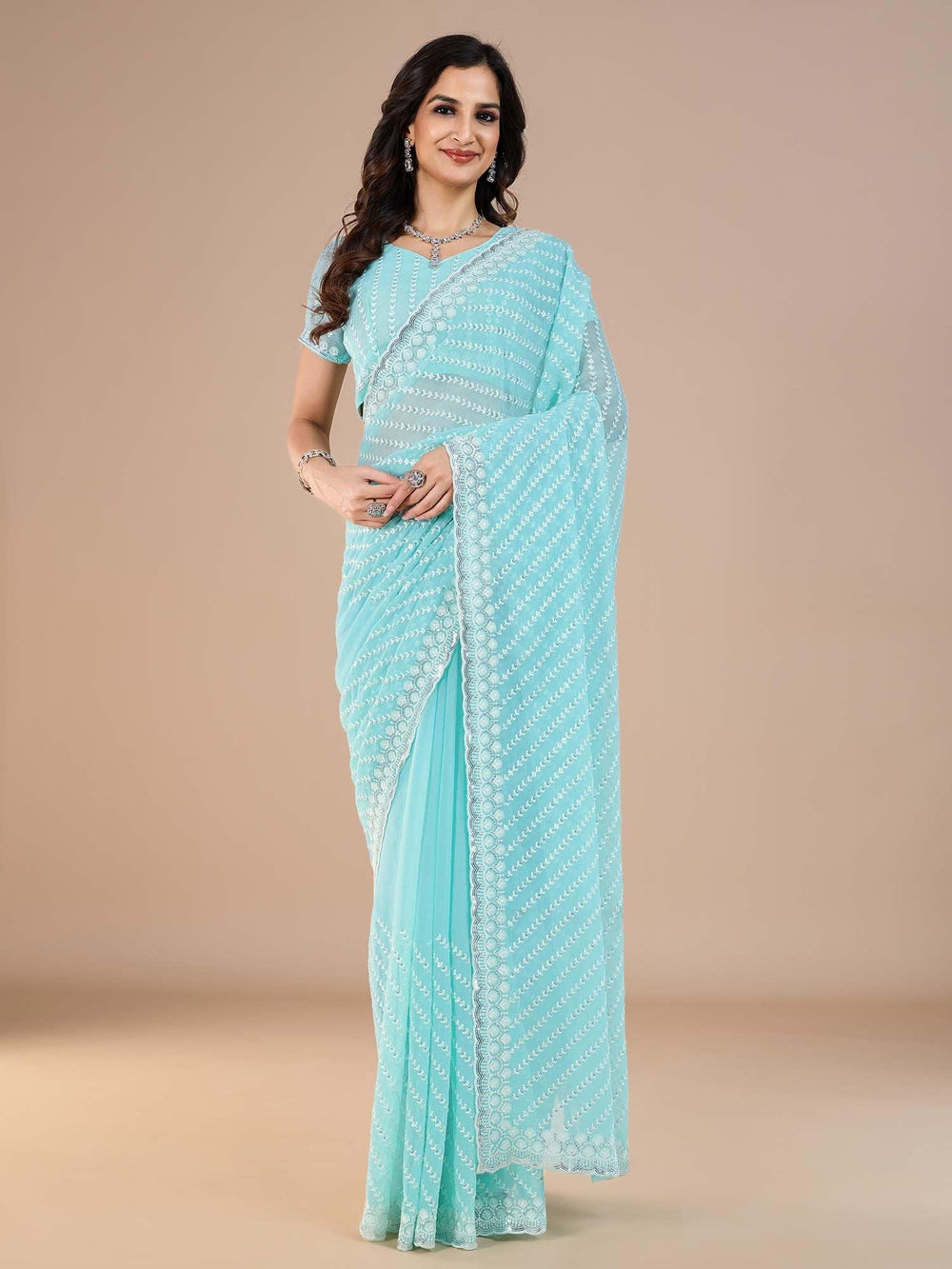 Blue Light Party Wear Silk Blend Embroidered Saree