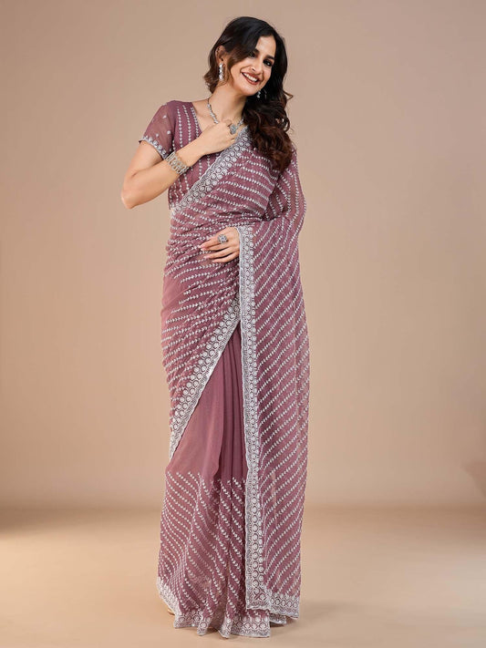 Purple Burgundy Party Wear Silk Blend Embroidered Saree