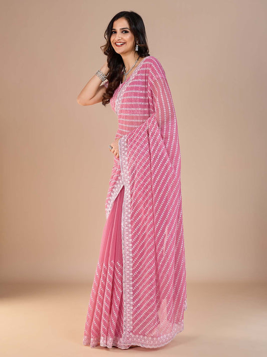Pink Mauve Party Wear Silk Blend Embroidered Saree