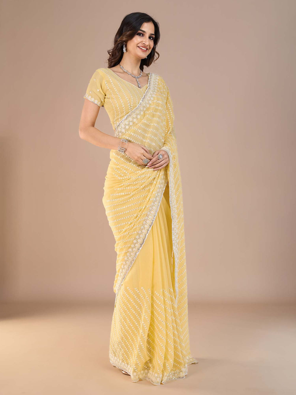 Yellow Yellow Party Wear Silk Blend Embroidered Saree
