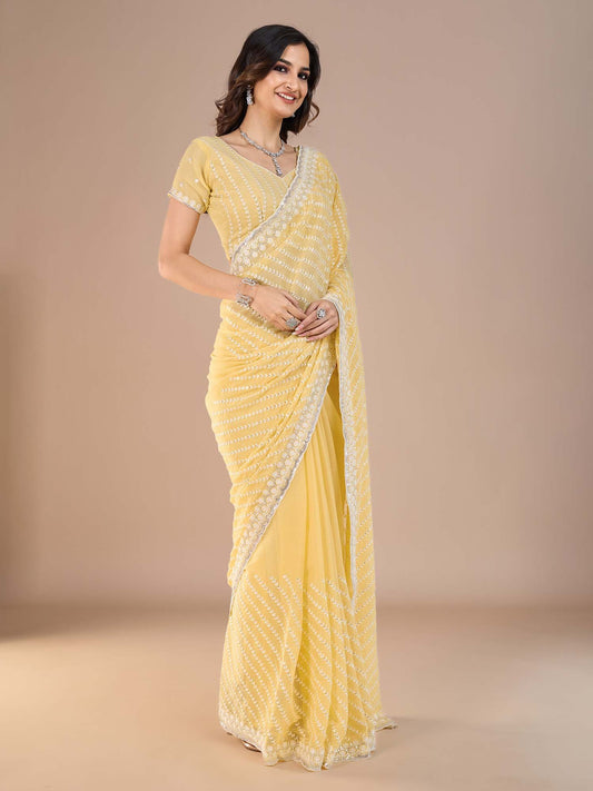 Yellow Yellow Party Wear Silk Blend Embroidered Saree