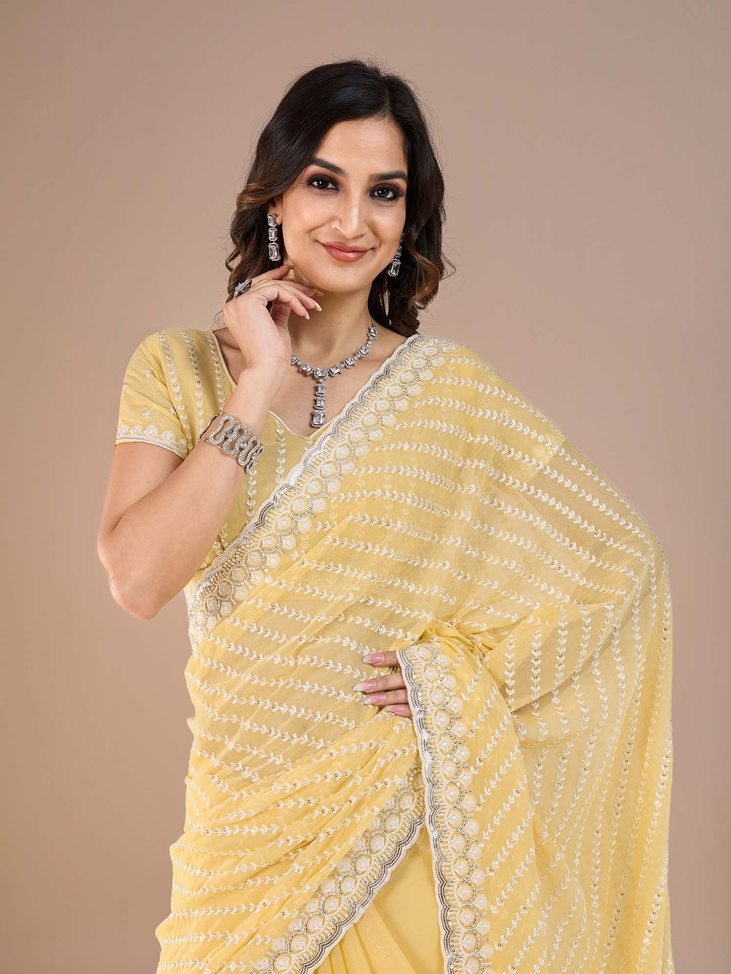 Yellow Party Wear Silk Blend Embroidered Saree
