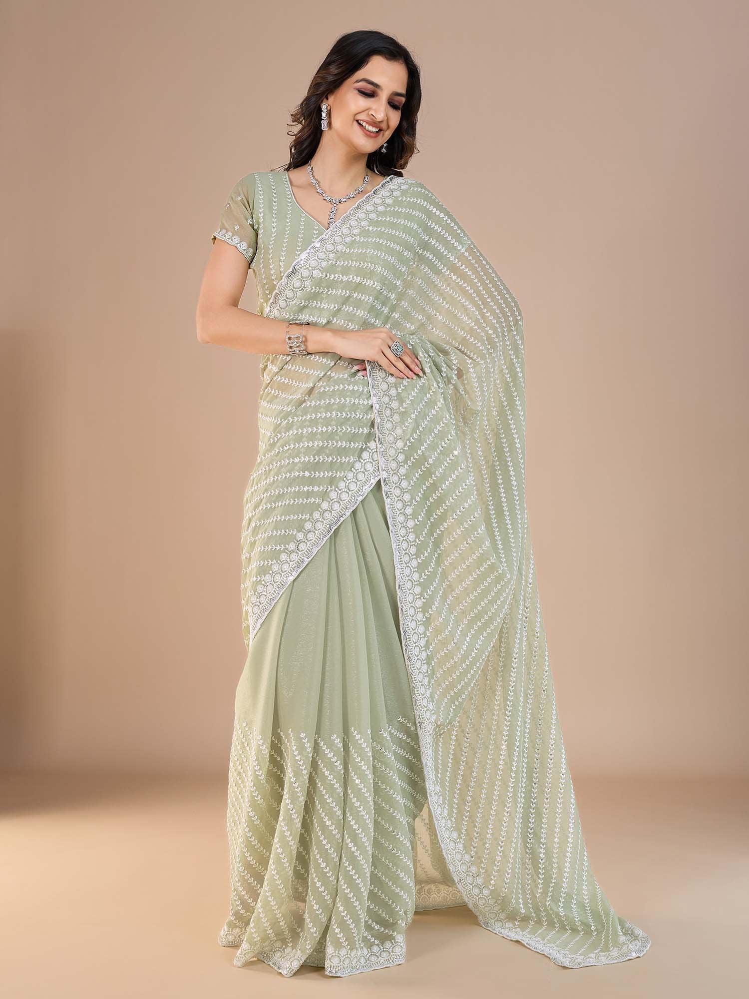 Sea Party Wear Silk Blend Embroidered Saree