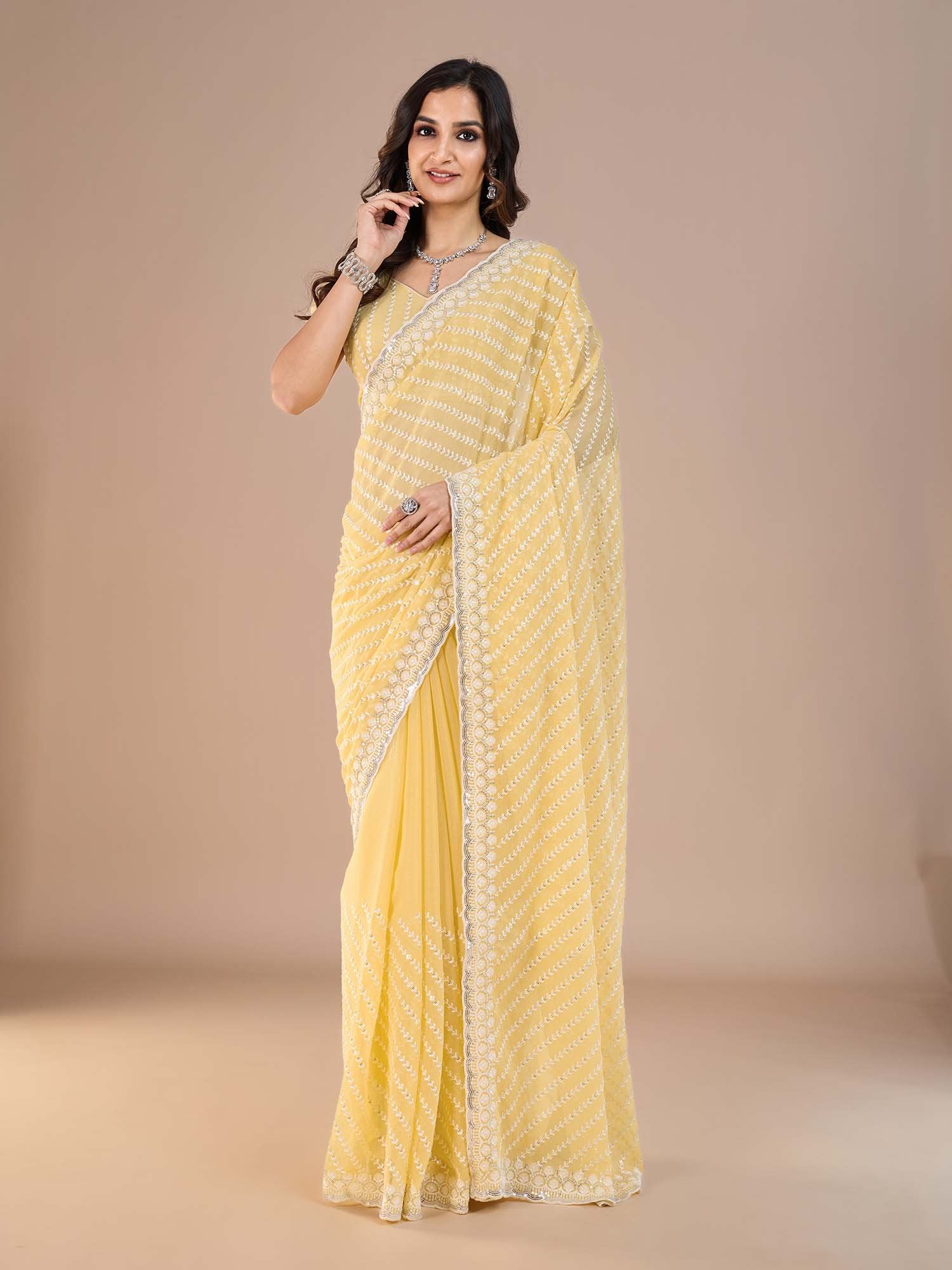 Yellow Party Wear Silk Blend Embroidered Saree