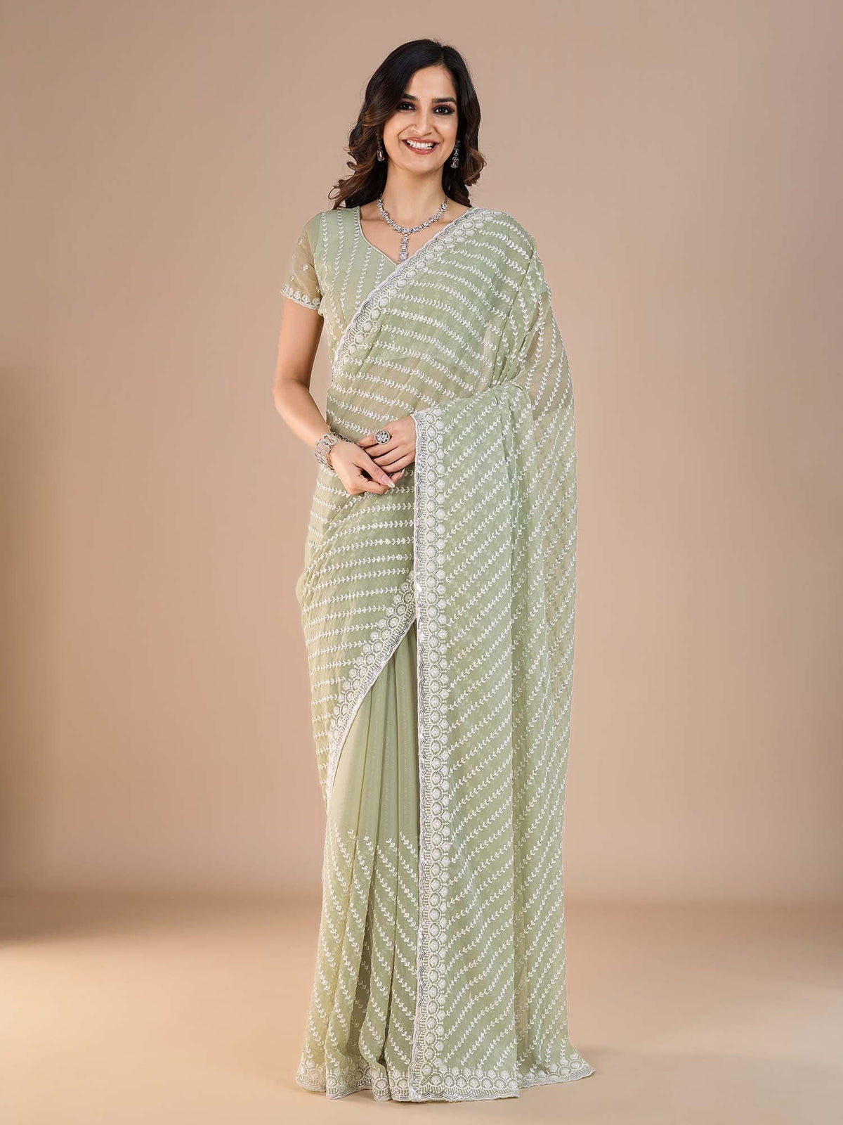 Green Sea Party Wear Silk Blend Embroidered Saree