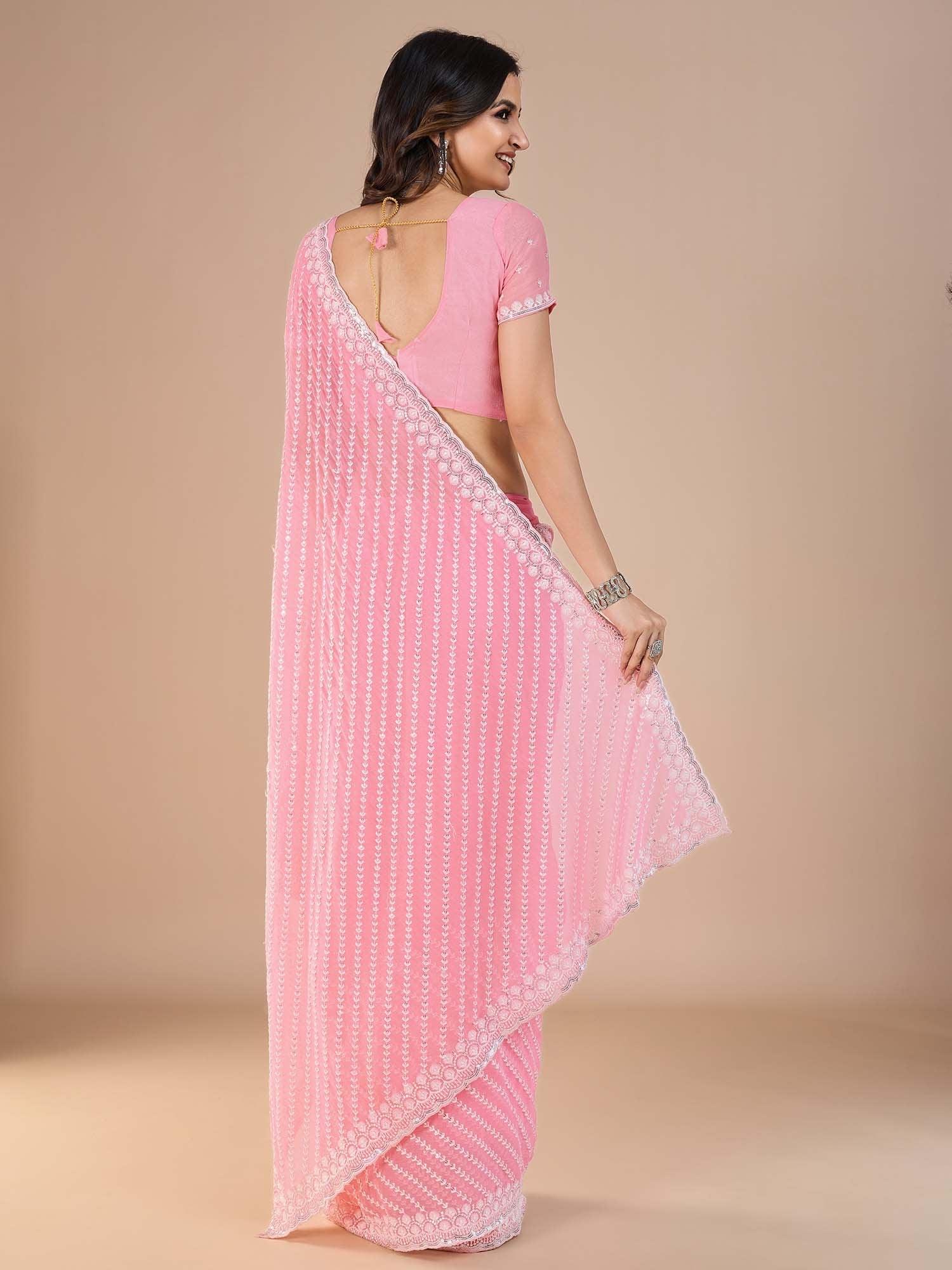 Pink Party Wear Silk Blend Embroidered Saree