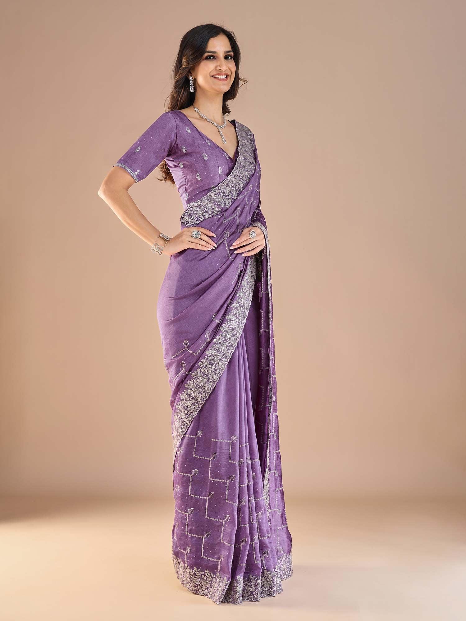 Lavendar Party Wear Vichitra Silk Embroidered Saree