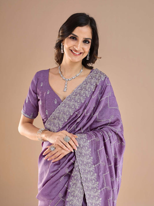 Lavender Lavendar Party Wear Vichitra Silk Embroidered Saree