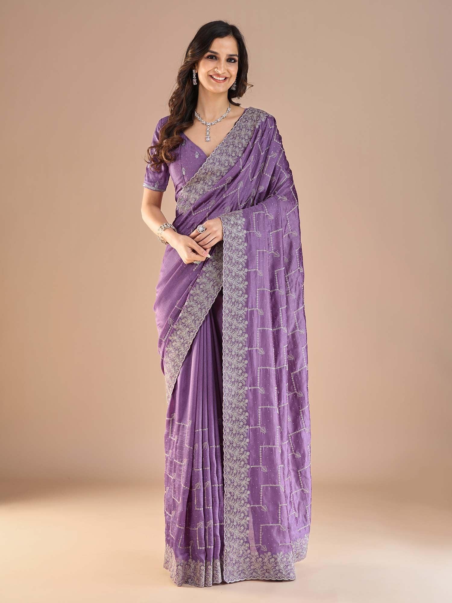 Lavendar Party Wear Vichitra Silk Embroidered Saree