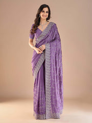 Lavendar Party Wear Vichitra Silk Embroidered Saree