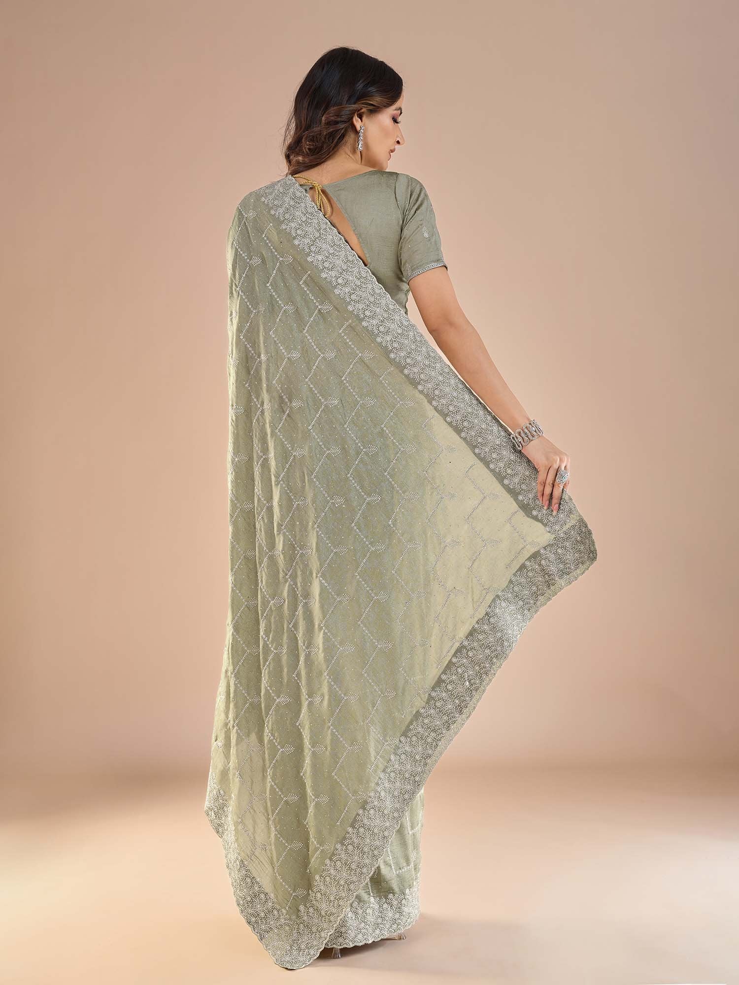 Sea Party Wear Vichitra Silk Embroidered Saree