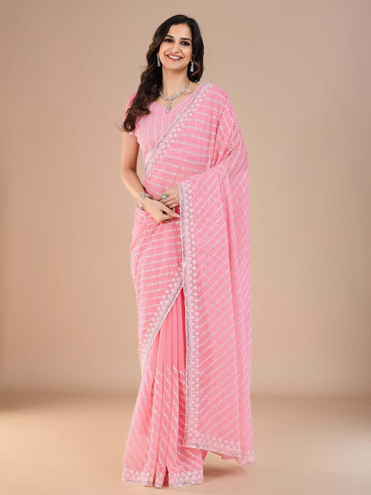 Pink Pink Party Wear Silk Blend Embroidered Saree