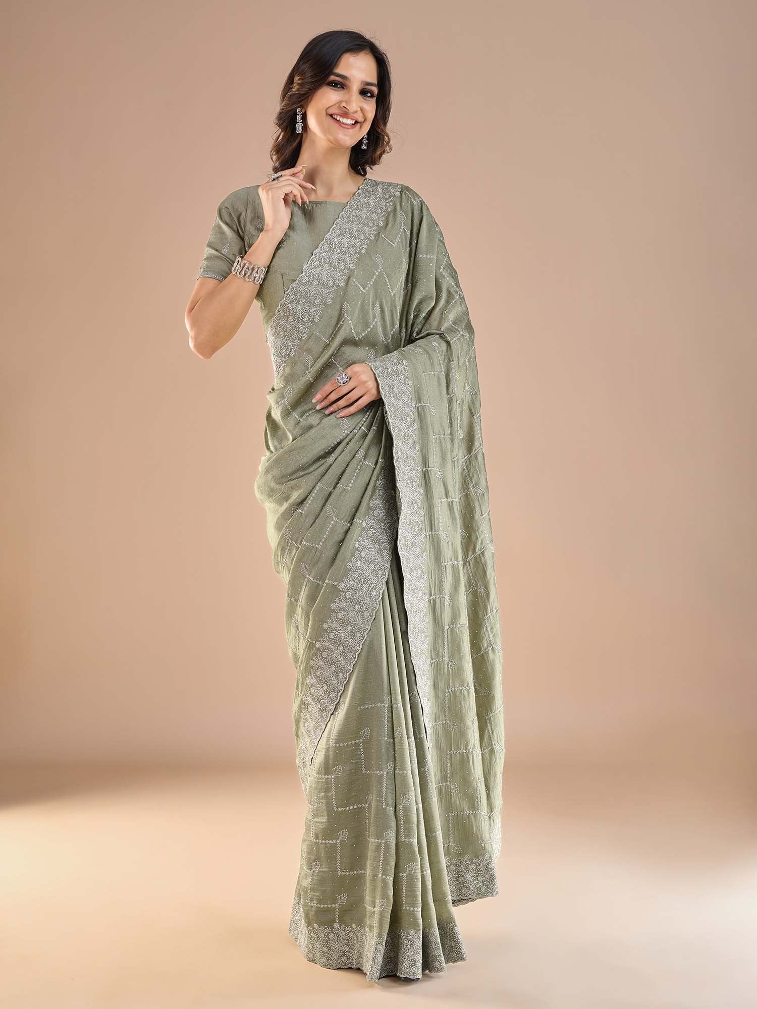 Sea Party Wear Vichitra Silk Embroidered Saree