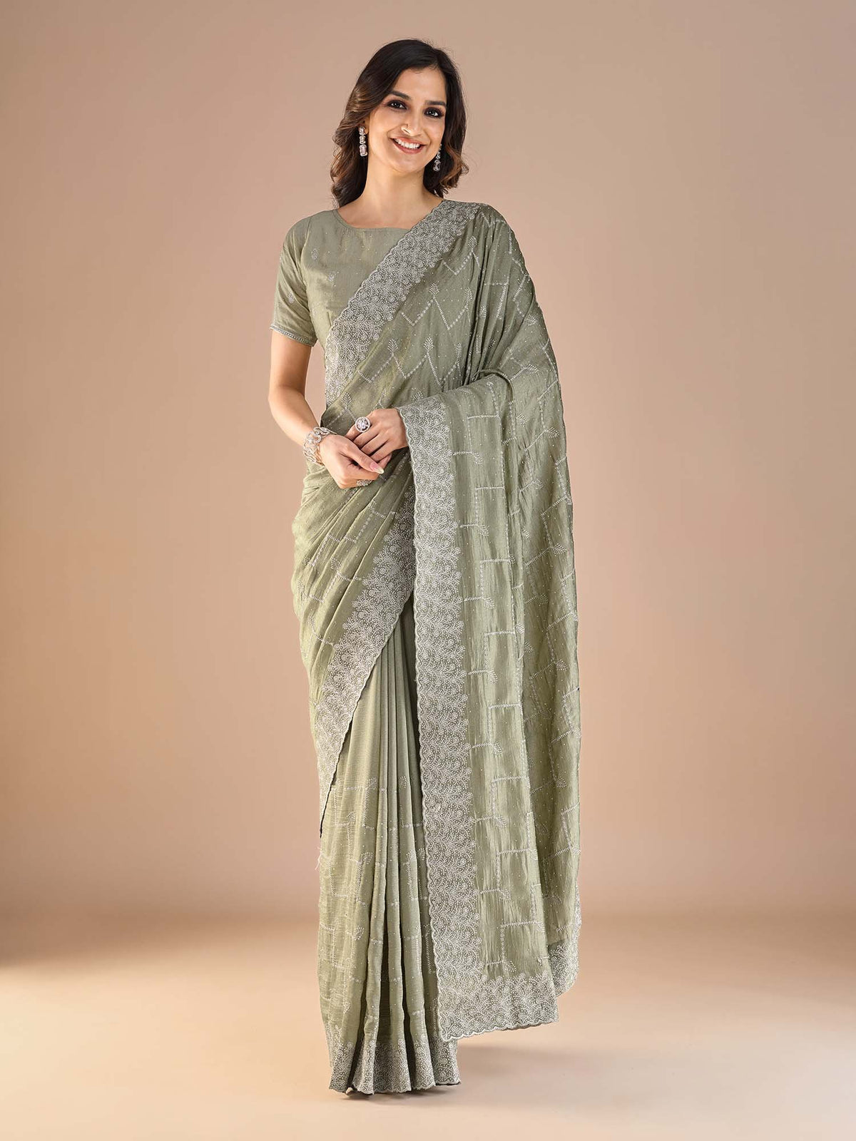 Green Sea Party Wear Vichitra Silk Embroidered Saree