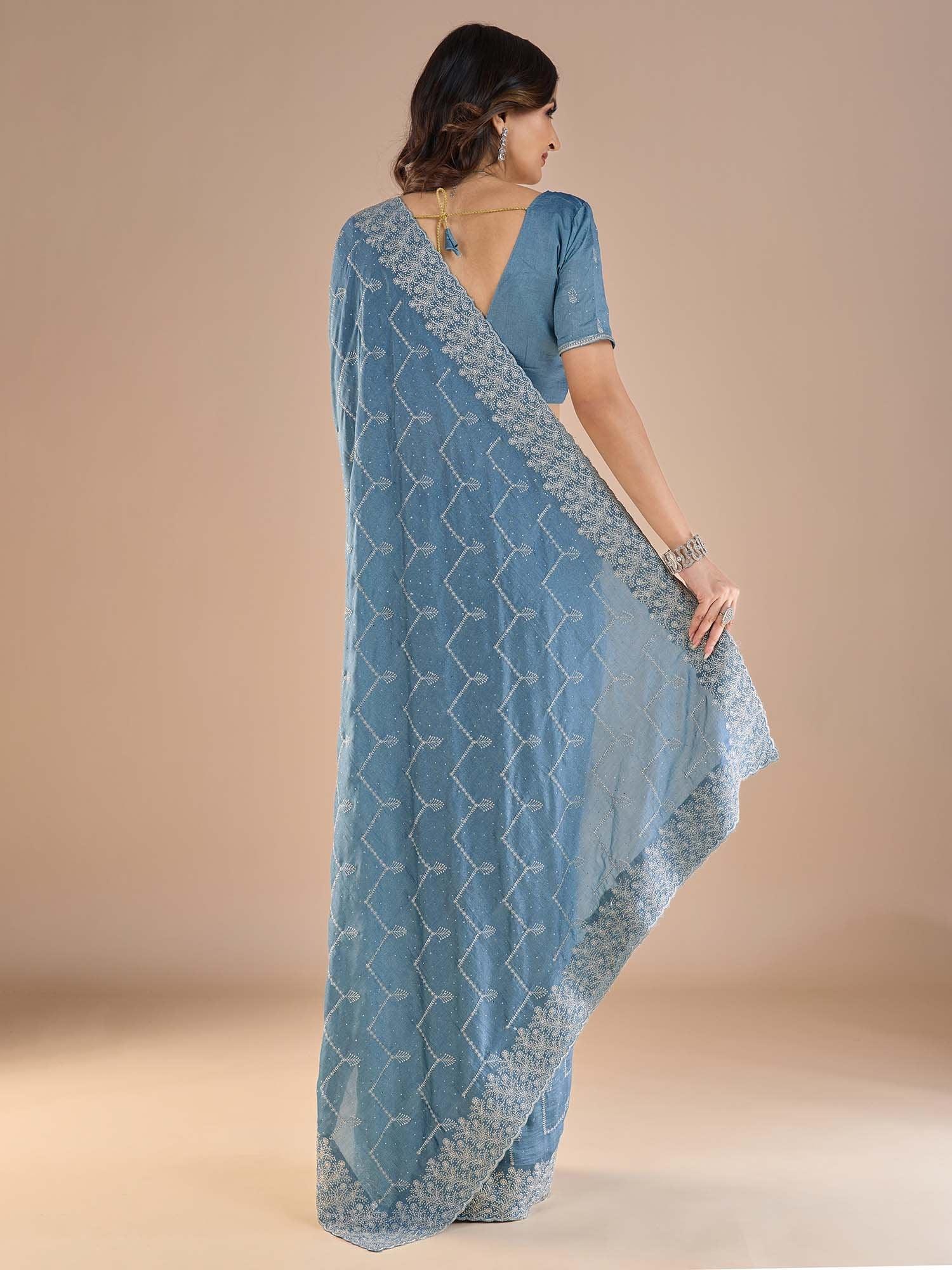 Light Party Wear Vichitra Silk Embroidered Saree