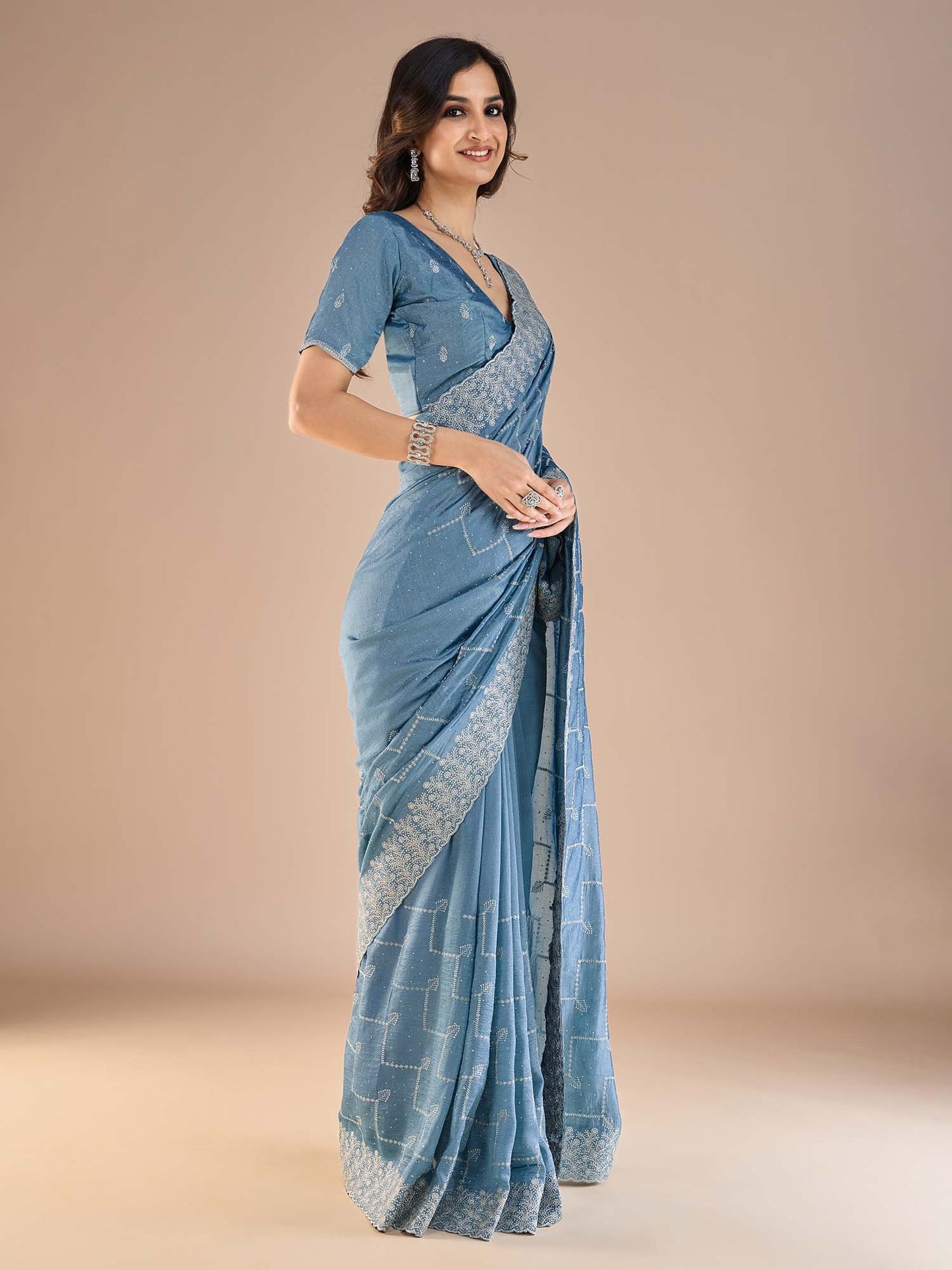 Light Party Wear Vichitra Silk Embroidered Saree