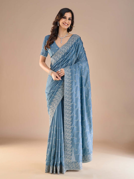 Blue Light Party Wear Vichitra Silk Embroidered Saree