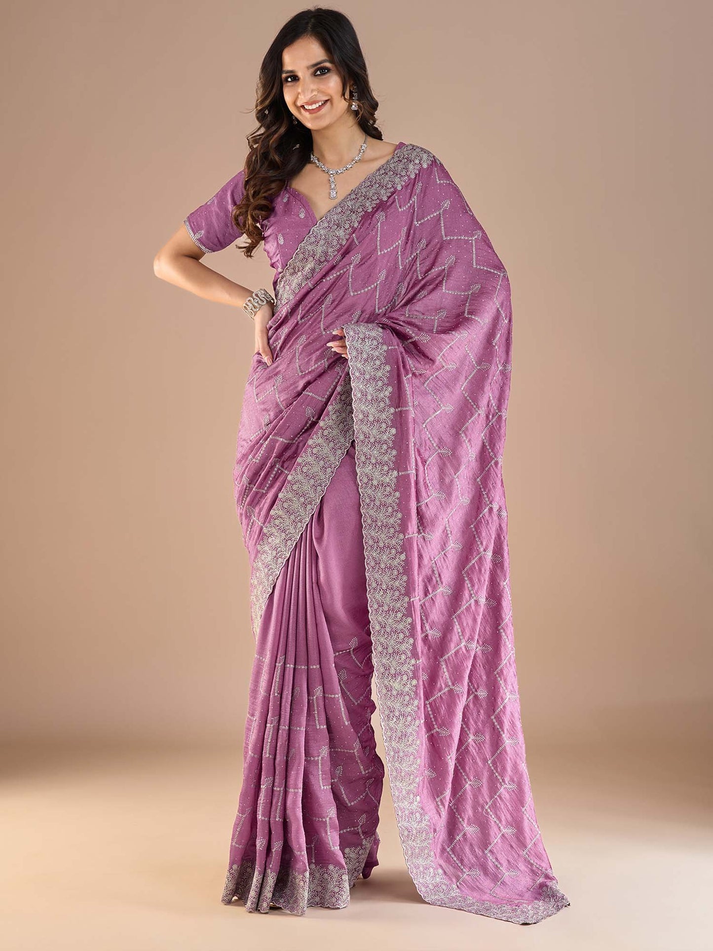 Mauve Party Wear Vichitra Silk Embroidered Saree
