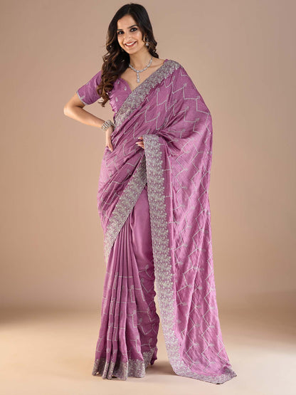 Mauve Party Wear Vichitra Silk Embroidered Saree