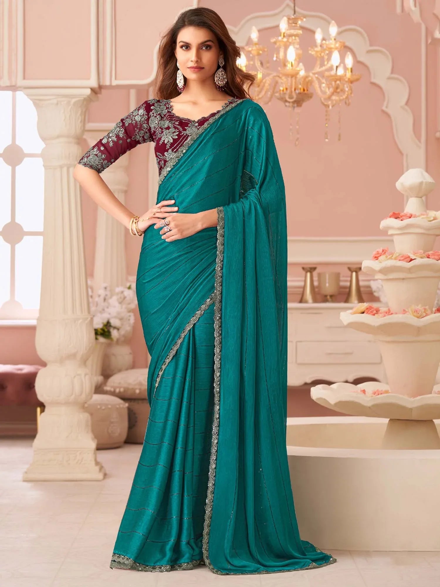 Teal Blue Party Wear Satin Silk Embellished Saree