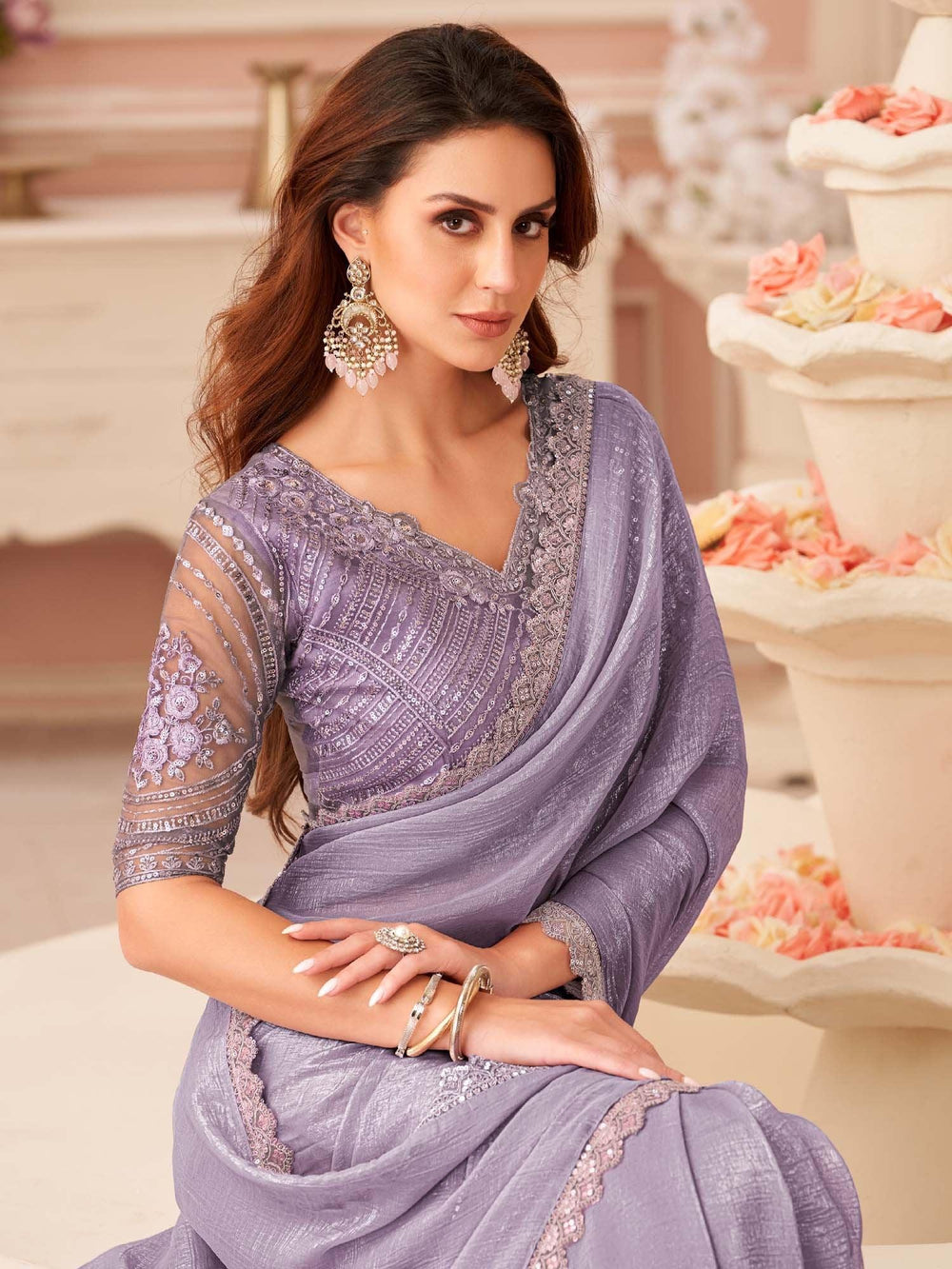 Lavendar Party Wear Georgette Embellished Saree - The Dori Store