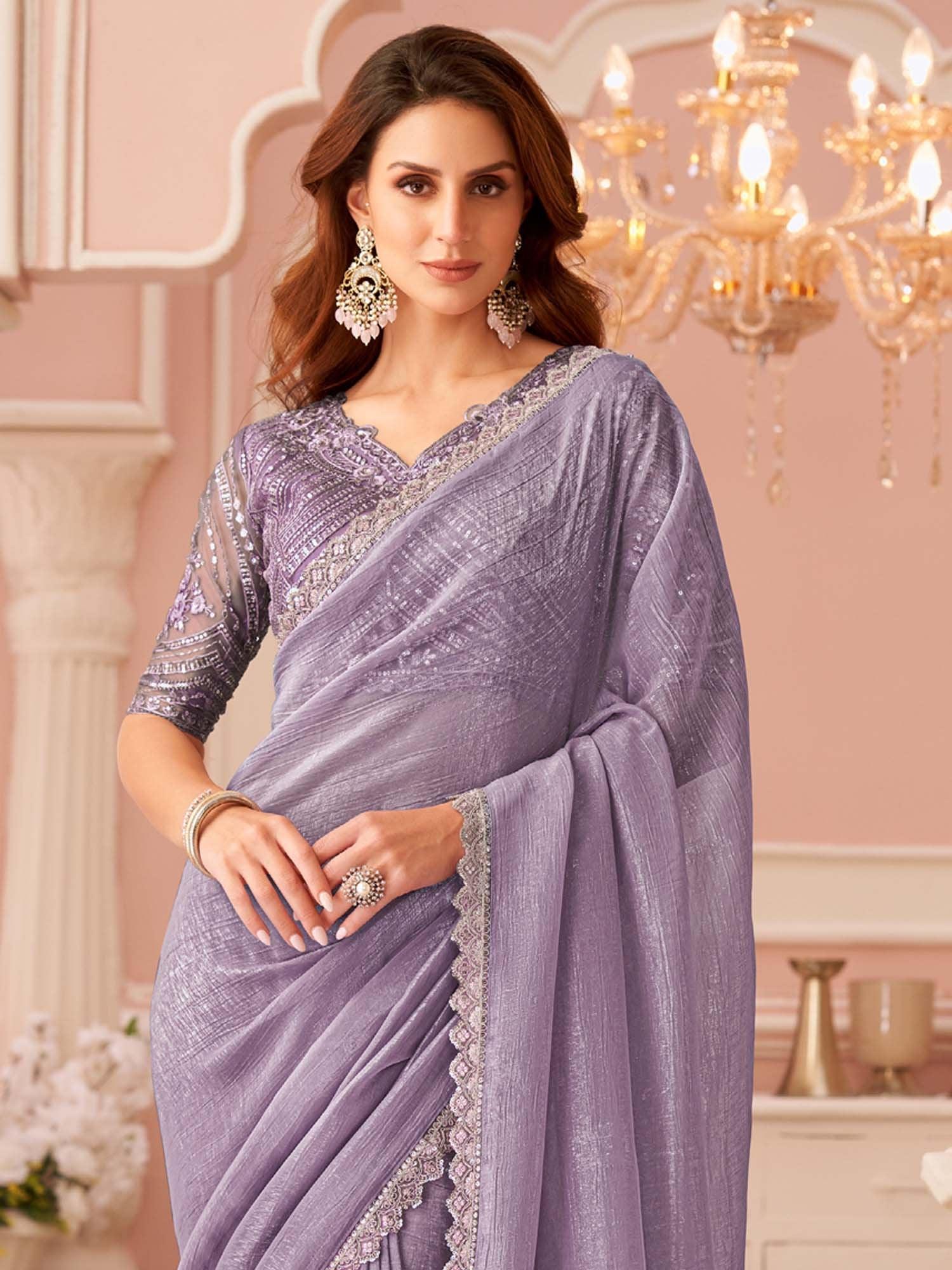 Lavendar Party Wear Georgette Embellished Saree - The Dori Store