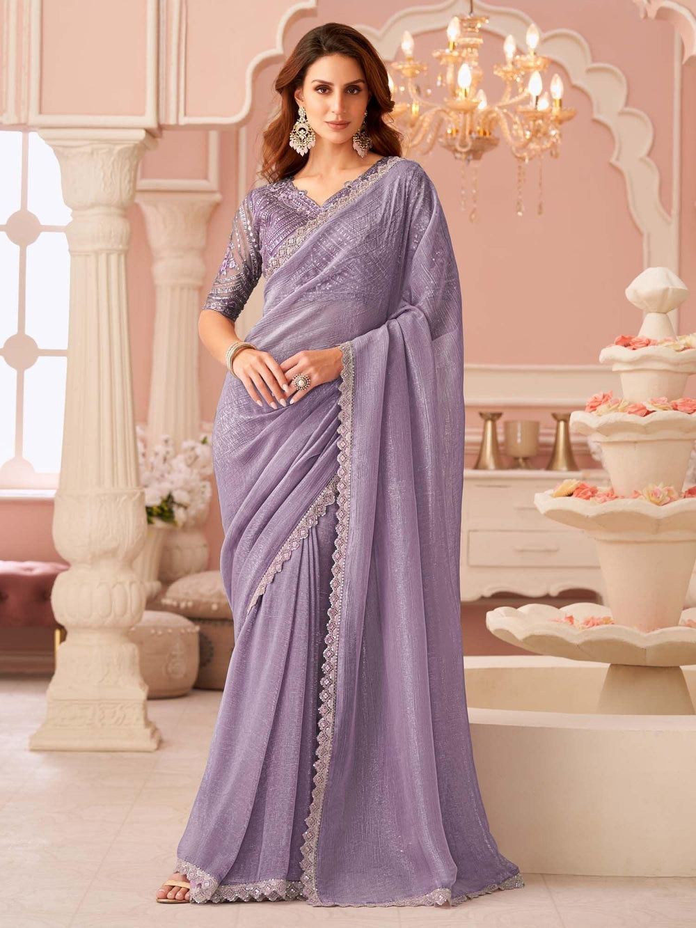 Lavendar Party Wear Georgette Embellished Saree - The Dori Store