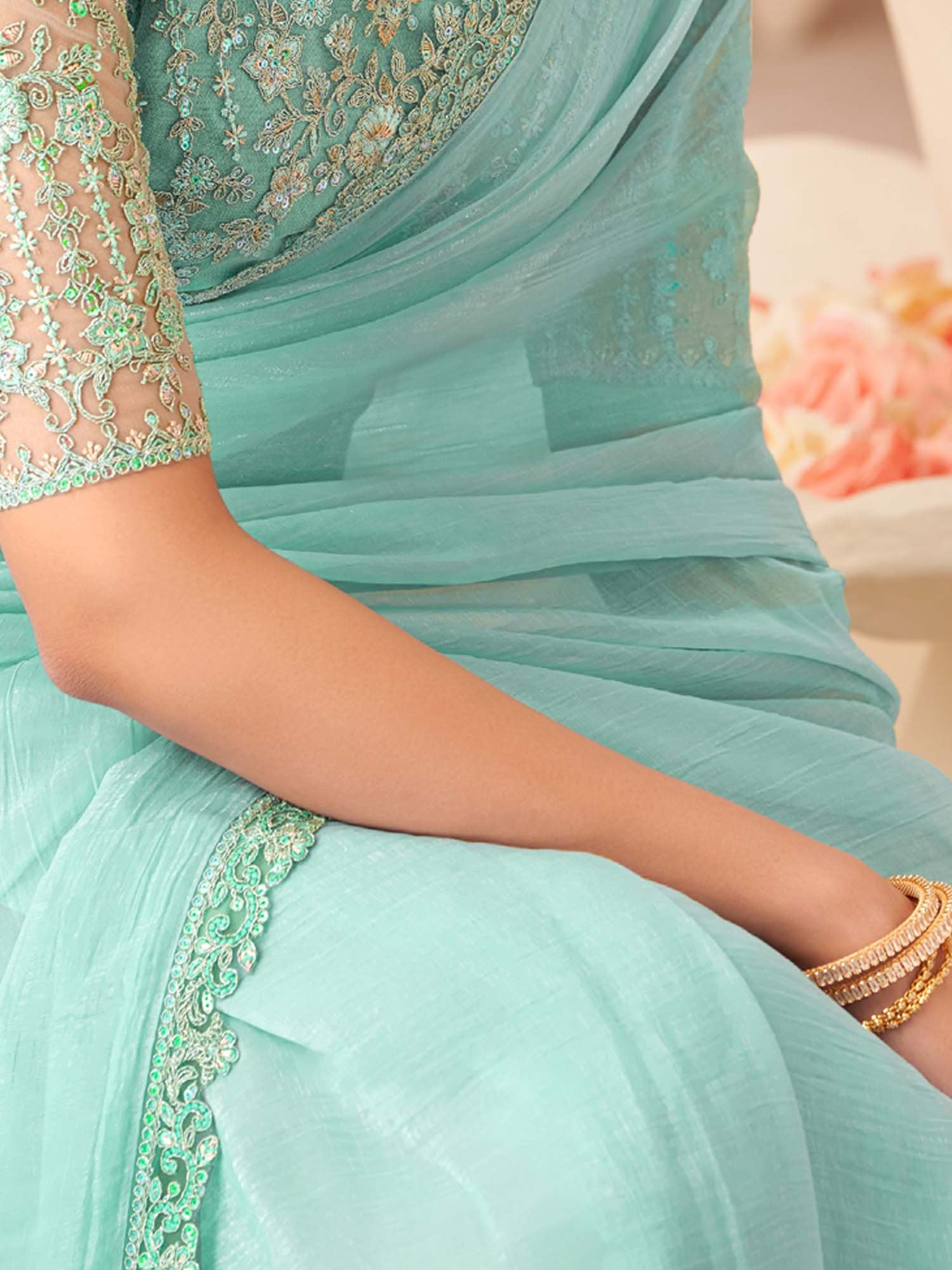 Turquoise Party Wear Georgette Embellished Saree