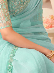 Turquoise Party Wear Georgette Embellished Saree