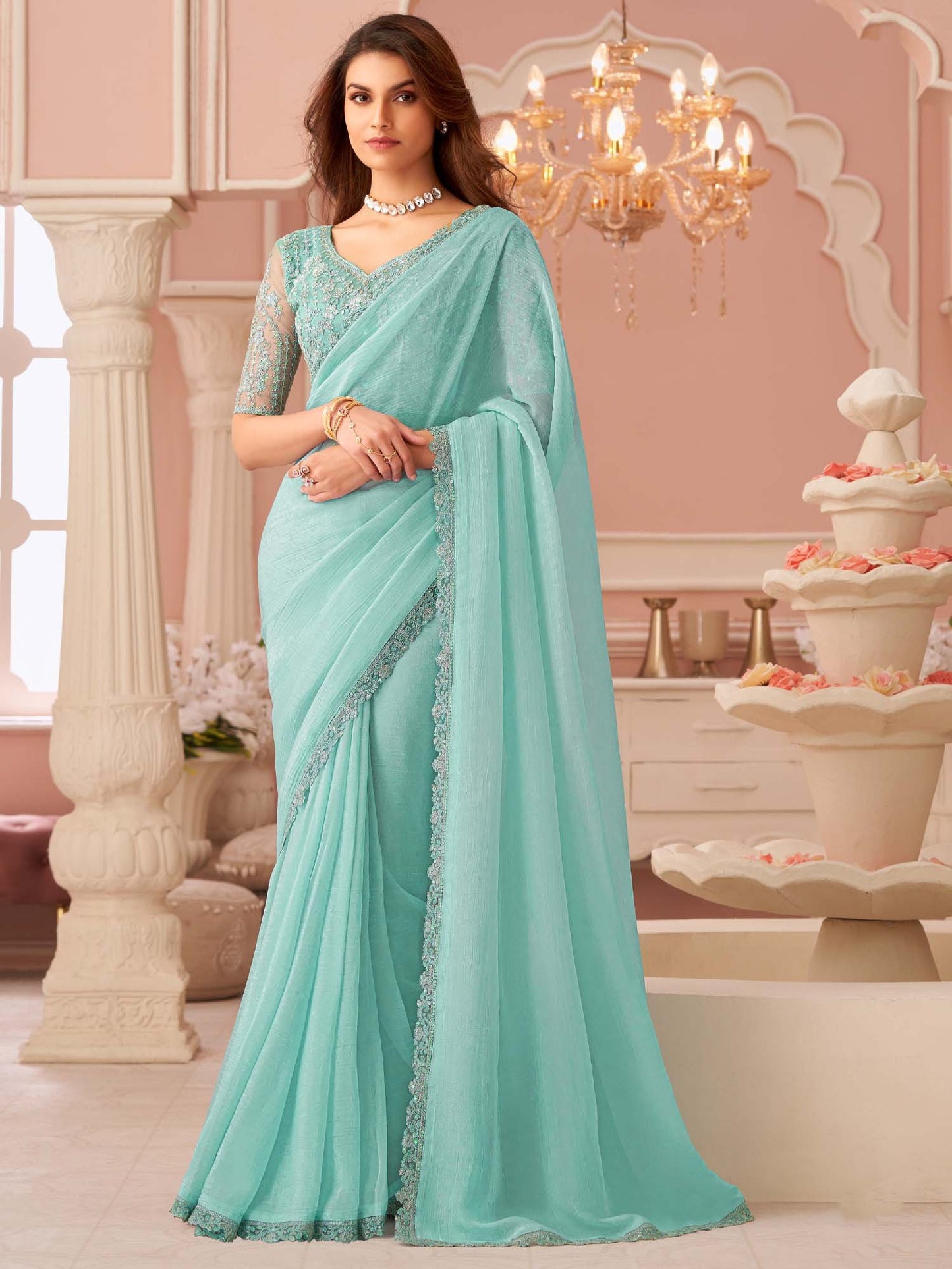 Turquoise Party Wear Georgette Embellished Saree