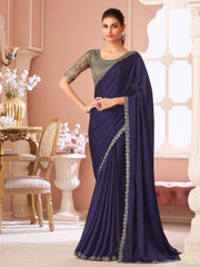 Purple Party Wear Satin Silk Embellished Saree